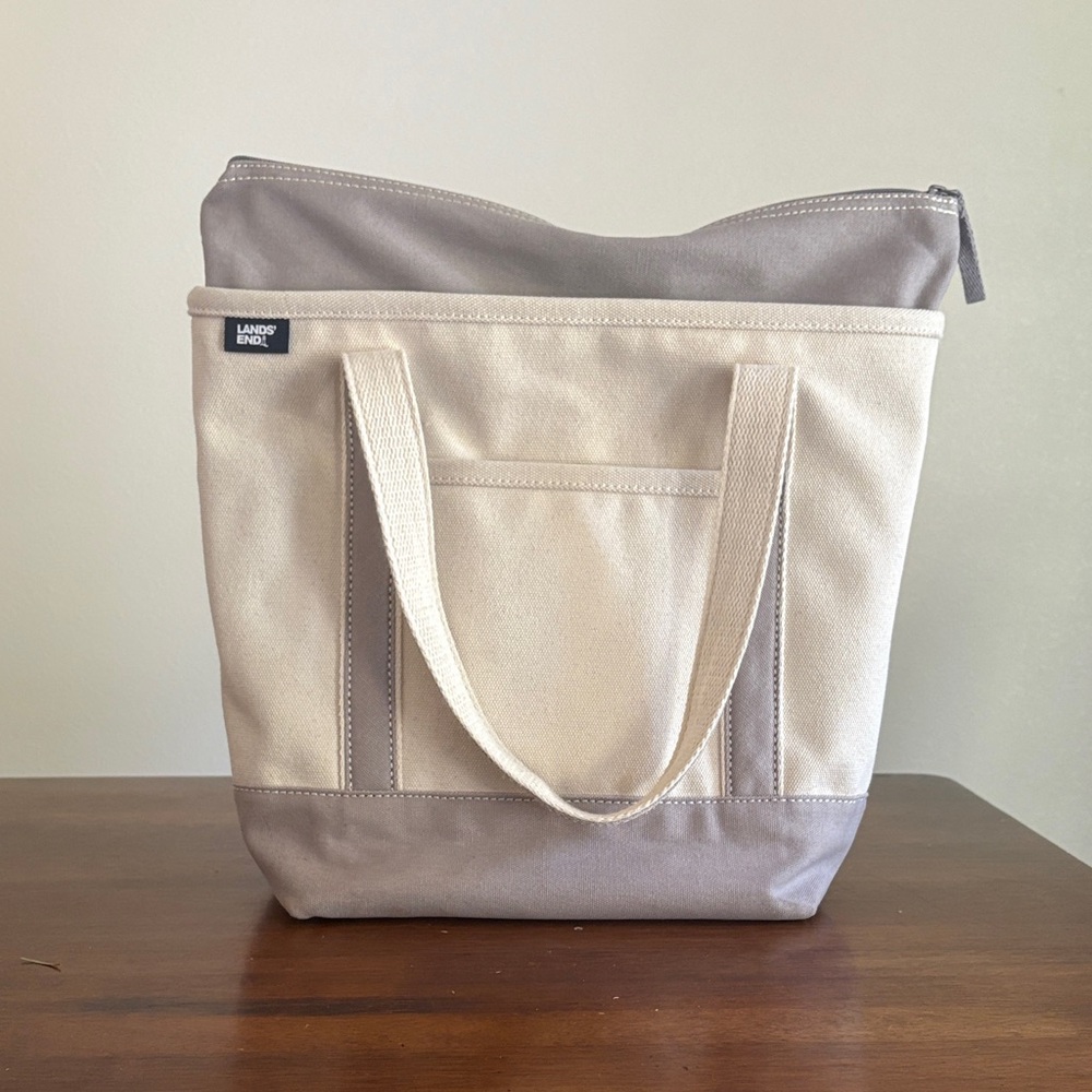 Lands' End Natural Zip Top Canvas Tote Bag